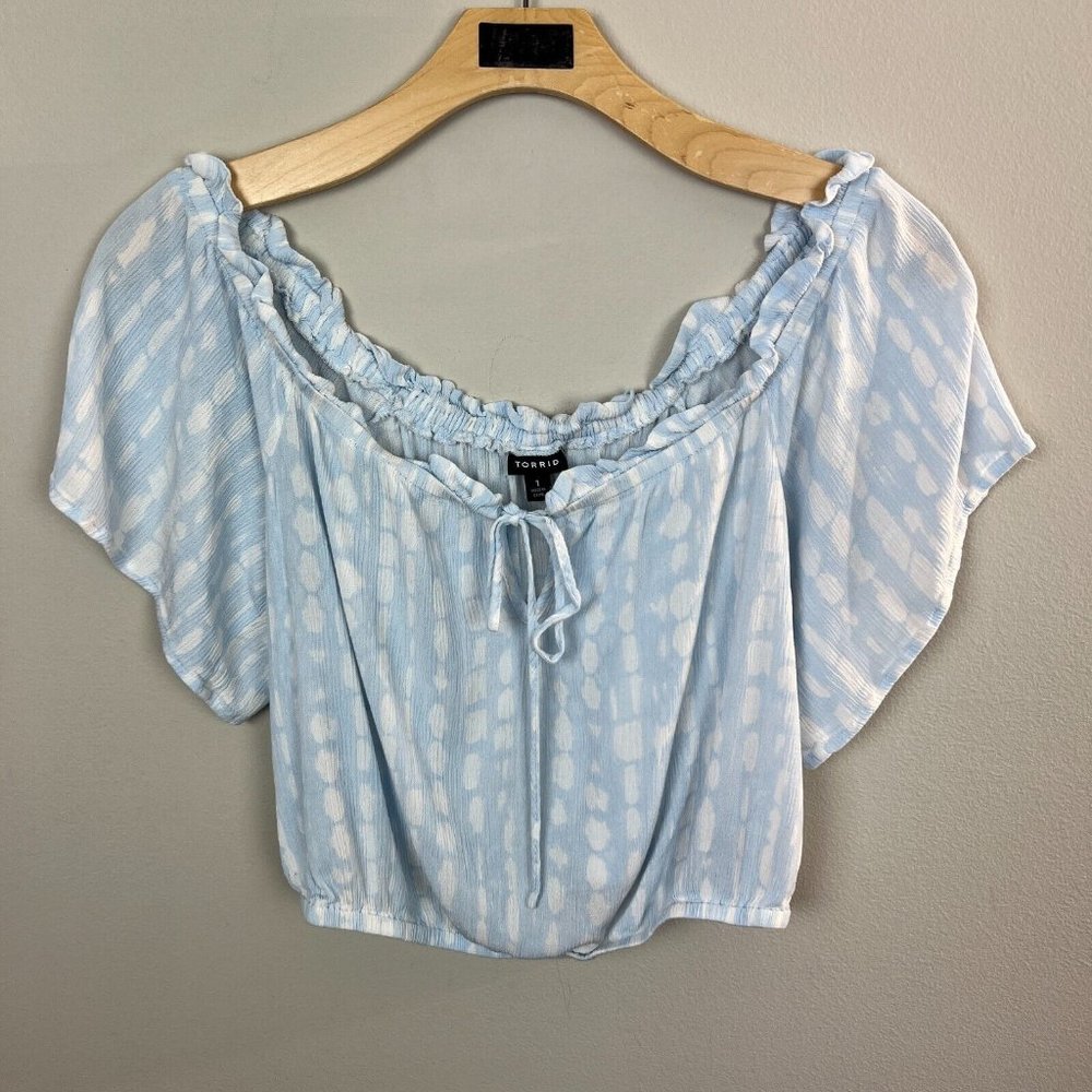 Torrid Crop Top 1X Blue White Off Shoulder V-Neck Tie Dye Gauze Lightweight